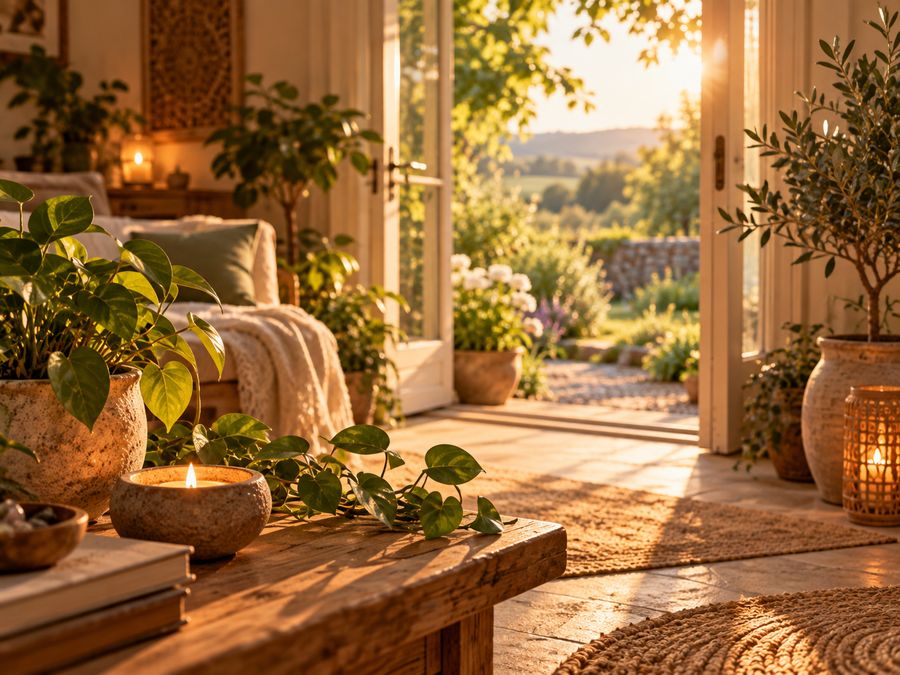 Sunlit room opening onto a garden – Healthy Home and Land Balancing with Amanda Brooks